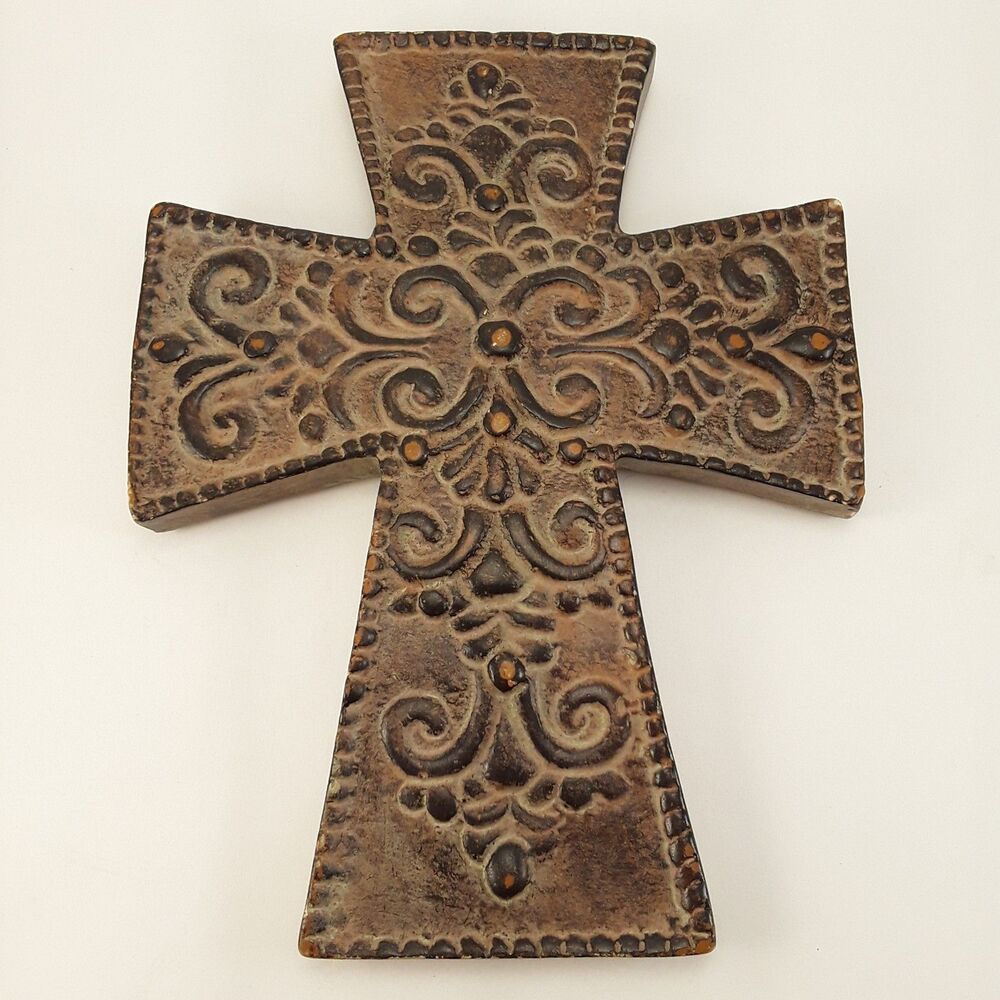 8" Faux Aged Iron Cross, Resin Tile, Style of Vintage Mexico Pewter, Wall Decor